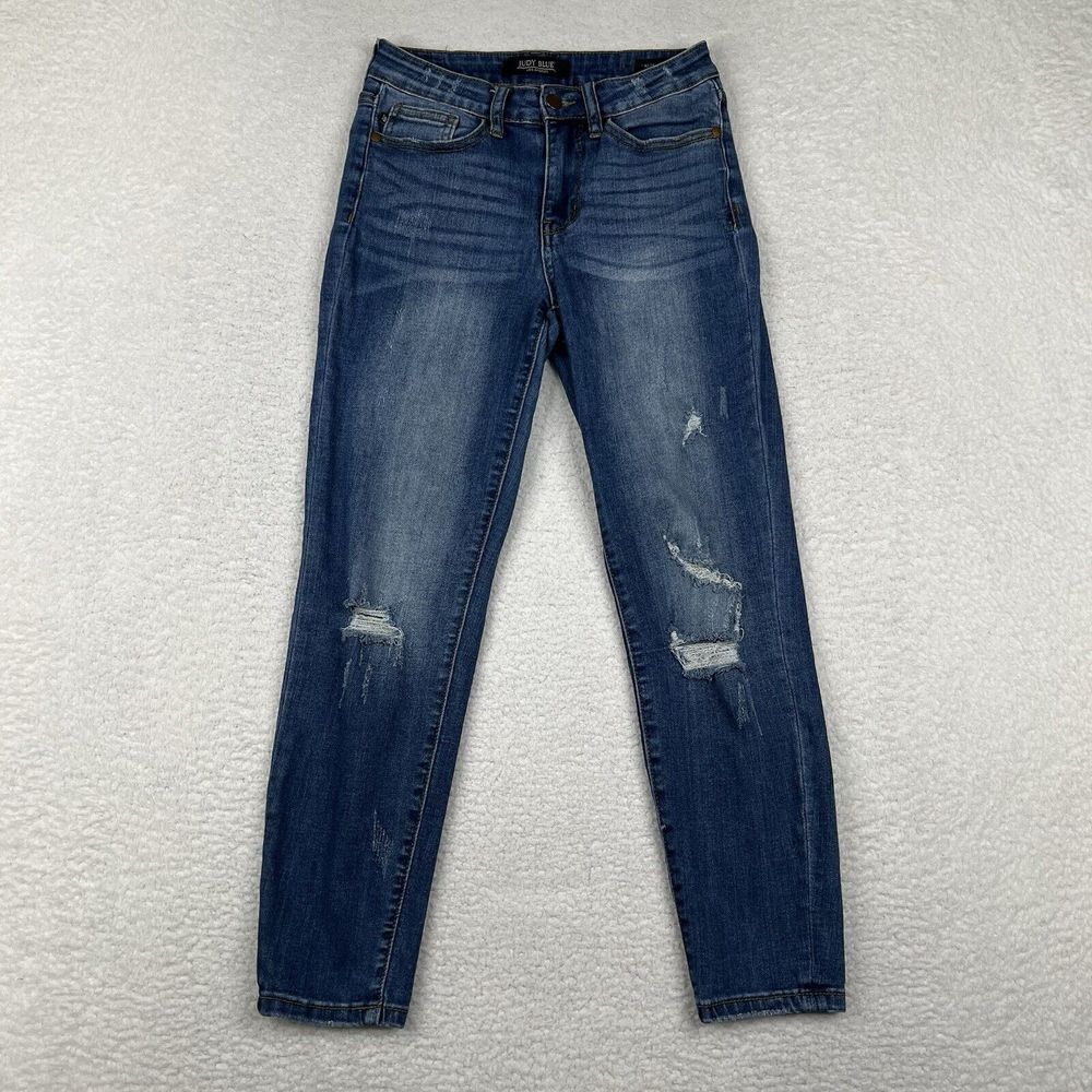 Judy Blue Jeans Womens 26 Blue Wash Mid Rise Relaxed Denim Stretch Distressed‎